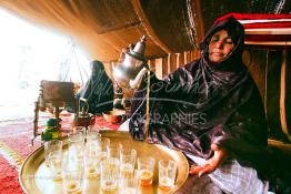 Image du Maroc Professionnelle de  Sous  une tente bédouine une femme du Sahara prépare le thé durant le grand Moussem de Tan Tan, classé en 2005 patrimoine immatériel humain mondial de l'Unesco. Le Moussem est une sorte de foire annuelle, à la fois économique, culturelle et sociale. Chaque année la majorité des tribus et des grandes familles nomades du désert se retrouvent sur un site désertique "Place de la Tolérance et de la Paix " à la périphérie de la ville de Tan Tan où  danse, chants, course de chameaux et fantasia font partie des festivités., Samedi 18 septembre 2004, ((Photo / Abdeljalil Bounhar) 